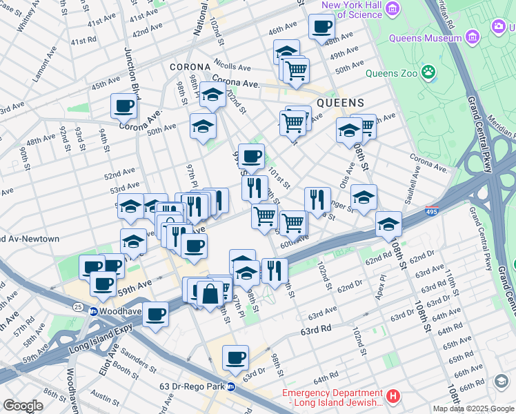 map of restaurants, bars, coffee shops, grocery stores, and more near 99-11 57th Avenue in Queens