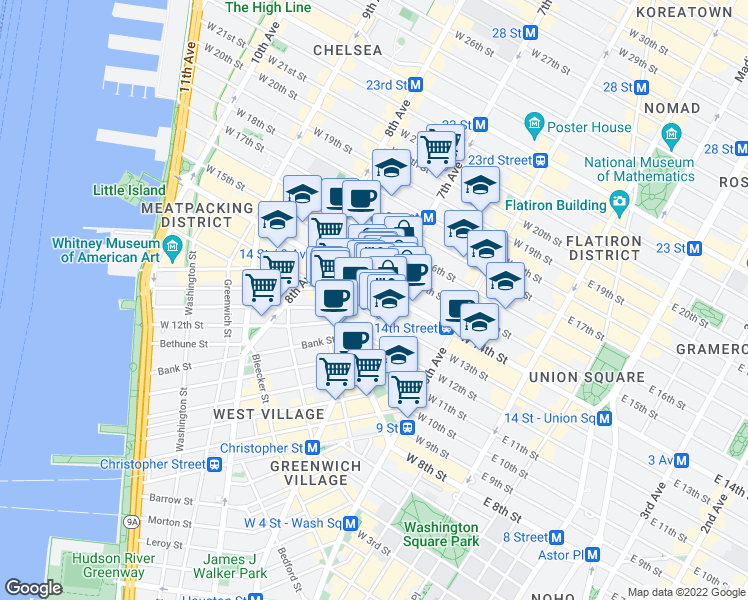 map of restaurants, bars, coffee shops, grocery stores, and more near 48 7th Avenue in New York