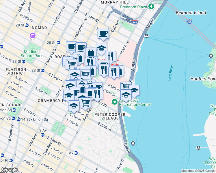 map of restaurants, bars, coffee shops, grocery stores, and more near 425 East 25th Street in New York