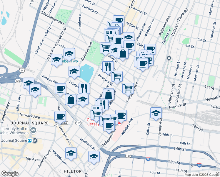 map of restaurants, bars, coffee shops, grocery stores, and more near 173 Oakland Avenue in Jersey City