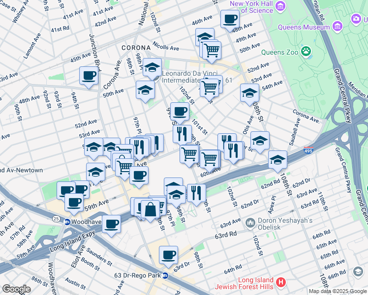 map of restaurants, bars, coffee shops, grocery stores, and more near 57th Ave & 99th St in Queens