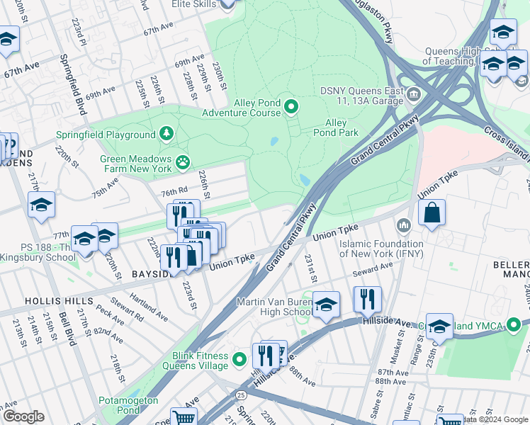 map of restaurants, bars, coffee shops, grocery stores, and more near 22902 Kingsbury Avenue in Queens