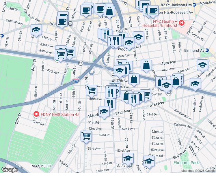 map of restaurants, bars, coffee shops, grocery stores, and more near 47-20 69th Street in Queens