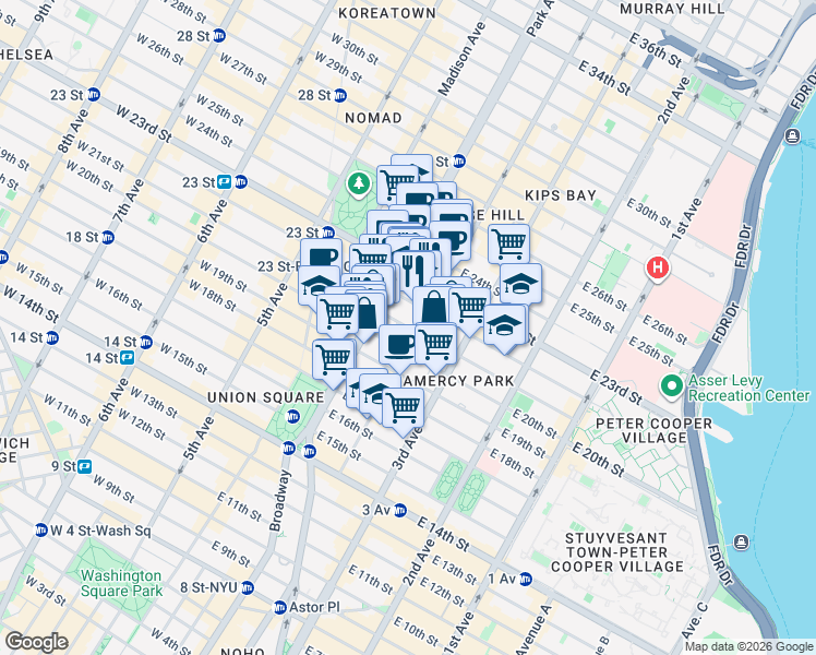 map of restaurants, bars, coffee shops, grocery stores, and more near 50 Gramercy Park North in New York