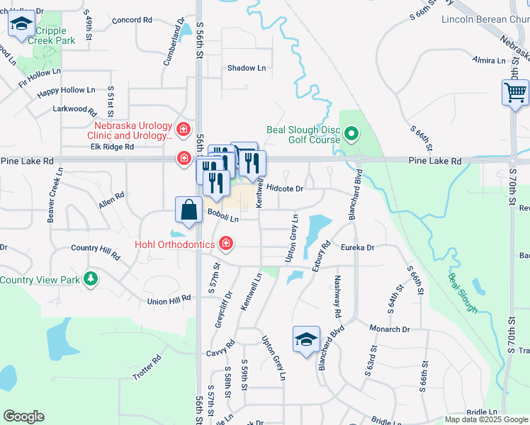map of restaurants, bars, coffee shops, grocery stores, and more near 5911 Chartwell Lane in Lincoln