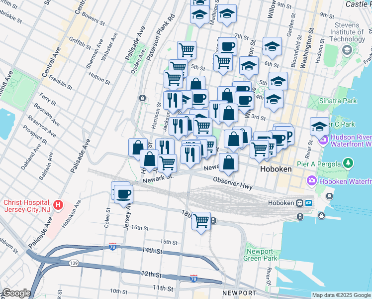 map of restaurants, bars, coffee shops, grocery stores, and more near 85 Madison Street in Hoboken