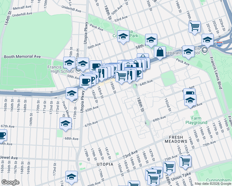 map of restaurants, bars, coffee shops, grocery stores, and more near 185-6 64th Avenue in Queens