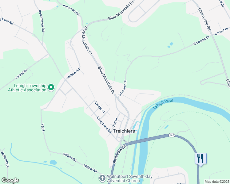 map of restaurants, bars, coffee shops, grocery stores, and more near 400 Blue Mountain Drive in Walnutport