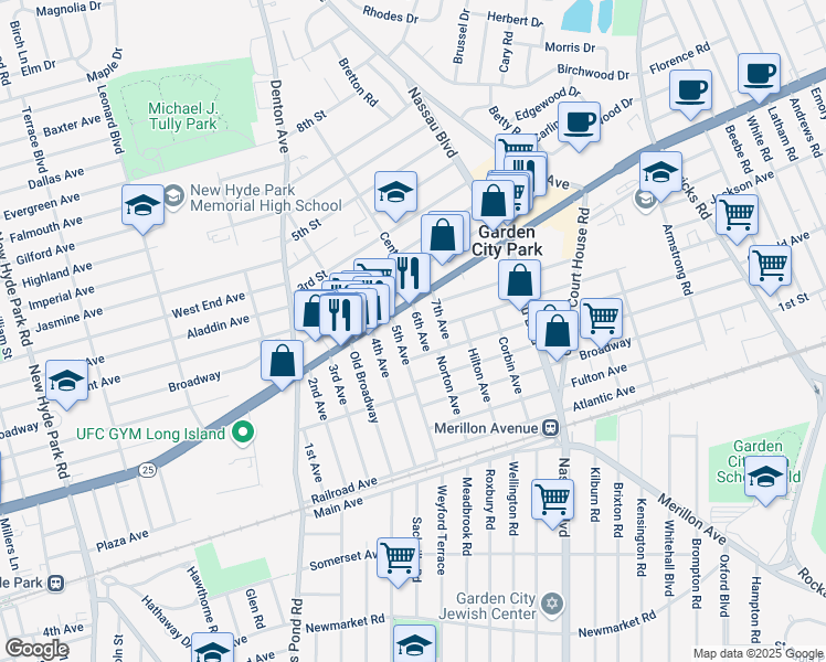 map of restaurants, bars, coffee shops, grocery stores, and more near 19 6th Avenue in New Hyde Park