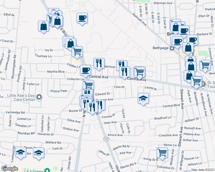 map of restaurants, bars, coffee shops, grocery stores, and more near 24 Lynn Place in Bethpage