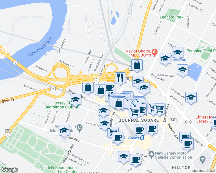 map of restaurants, bars, coffee shops, grocery stores, and more near 334 Saint Pauls Avenue in Jersey City