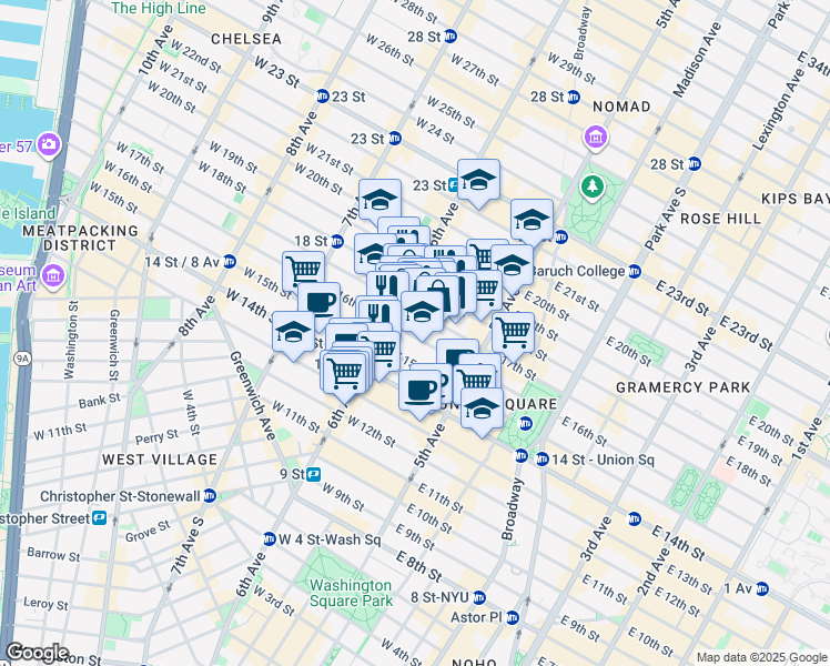 map of restaurants, bars, coffee shops, grocery stores, and more near 43 West 16th Street in New York