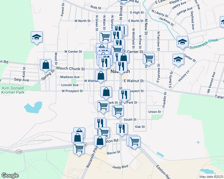 map of restaurants, bars, coffee shops, grocery stores, and more near 33 East Prospect Street in Nazareth