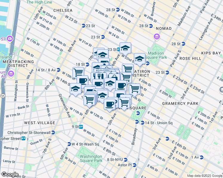 map of restaurants, bars, coffee shops, grocery stores, and more near 43 West 16th Street in New York