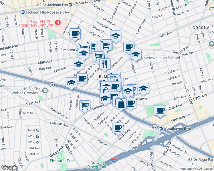 map of restaurants, bars, coffee shops, grocery stores, and more near 86-22 Broadway in Queens
