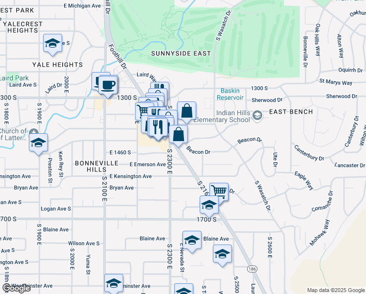 map of restaurants, bars, coffee shops, grocery stores, and more near 1444 Beacon Drive in Salt Lake City