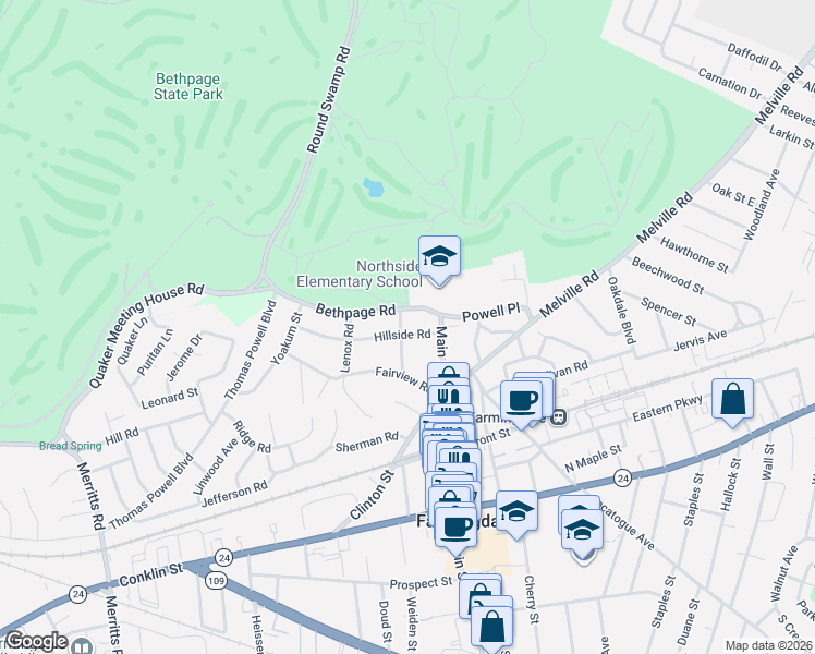 map of restaurants, bars, coffee shops, grocery stores, and more near 15 Anita Place in Farmingdale