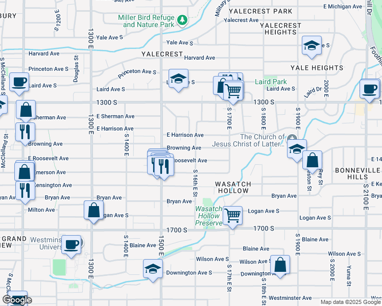 map of restaurants, bars, coffee shops, grocery stores, and more near 1562 Browning Avenue South in Salt Lake City