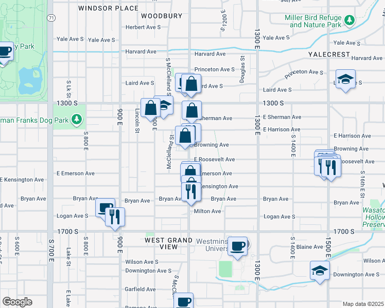 map of restaurants, bars, coffee shops, grocery stores, and more near 1433 1100 East in Salt Lake City