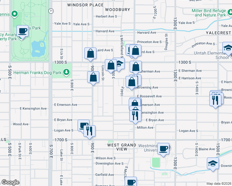map of restaurants, bars, coffee shops, grocery stores, and more near 1432 South 1000 East in Salt Lake City