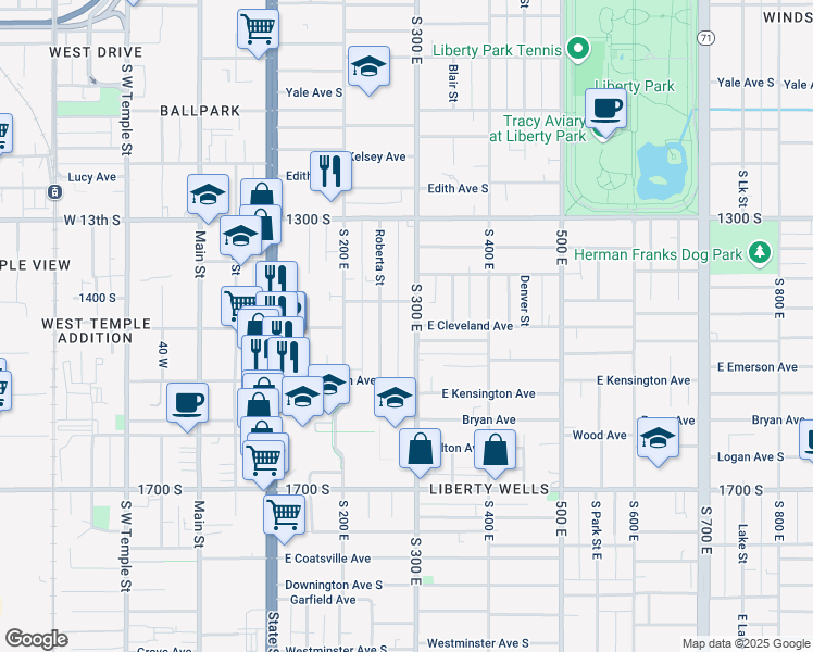 map of restaurants, bars, coffee shops, grocery stores, and more near 1437 Roberta Street in Salt Lake City