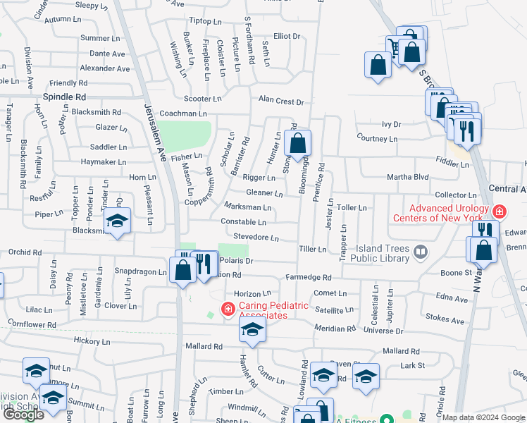 map of restaurants, bars, coffee shops, grocery stores, and more near 34 Marksman Lane in Levittown