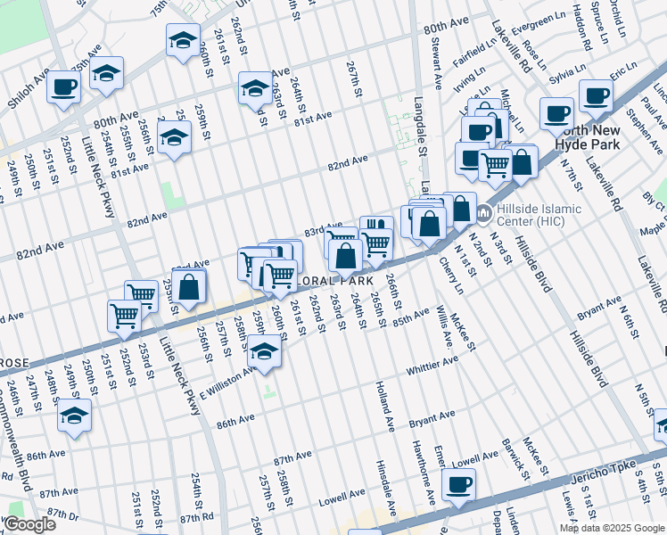 map of restaurants, bars, coffee shops, grocery stores, and more near 263-14 Hillside Avenue in Queens