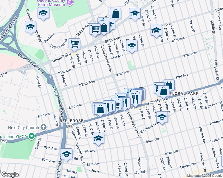 map of restaurants, bars, coffee shops, grocery stores, and more near 252-15 82nd Drive in Queens