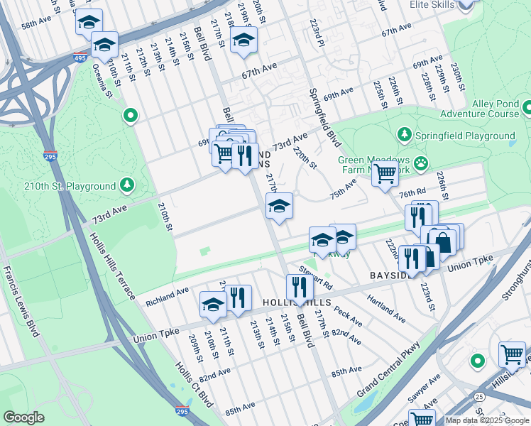 map of restaurants, bars, coffee shops, grocery stores, and more near 54-03 217th Street in Queens