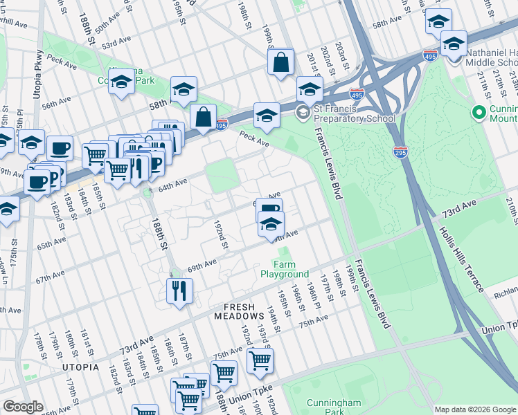 map of restaurants, bars, coffee shops, grocery stores, and more near 195-10 67th Avenue in Queens