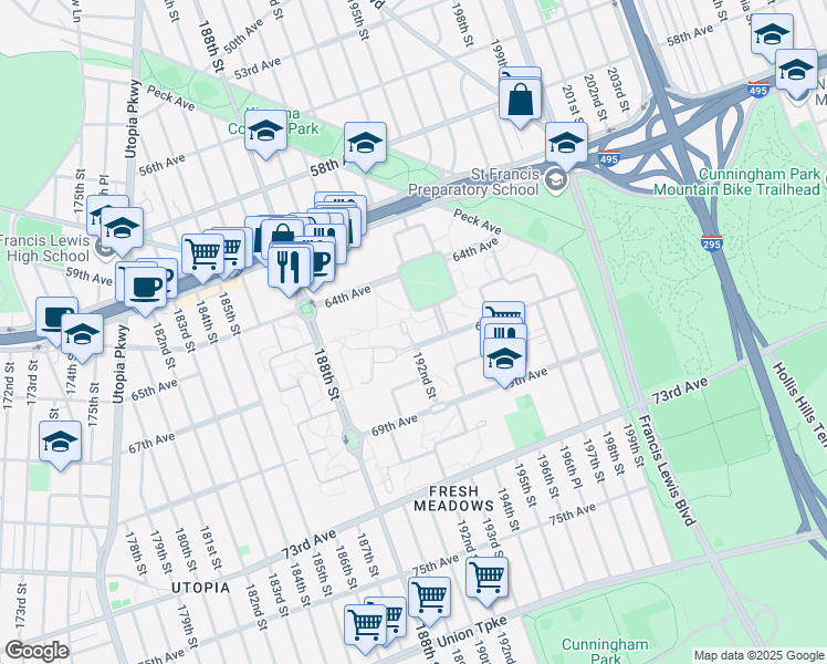 map of restaurants, bars, coffee shops, grocery stores, and more near 66-29-66-47 192nd Street in Queens