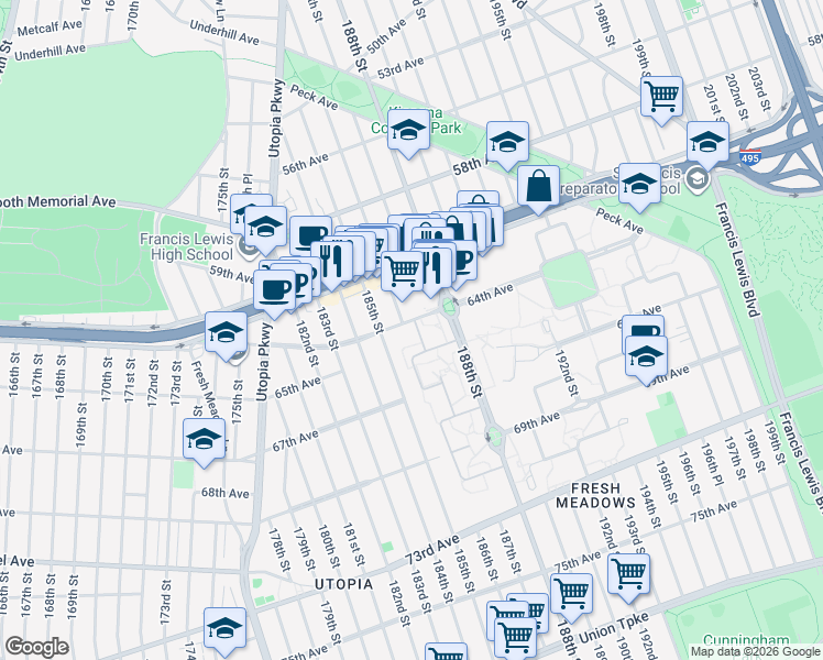 map of restaurants, bars, coffee shops, grocery stores, and more near 185-6 64th Avenue in Queens