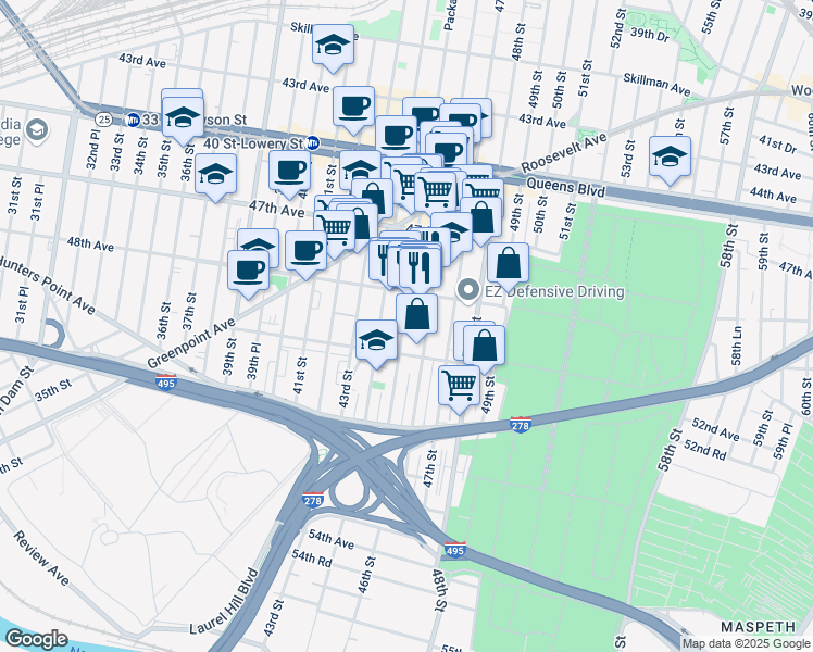 map of restaurants, bars, coffee shops, grocery stores, and more near 4829 46th Street in Queens