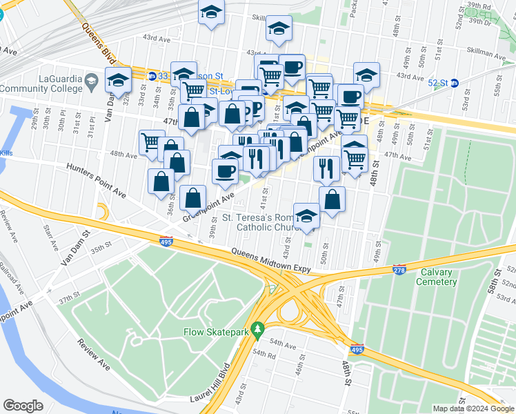 map of restaurants, bars, coffee shops, grocery stores, and more near 48-50 41st Street in Queens