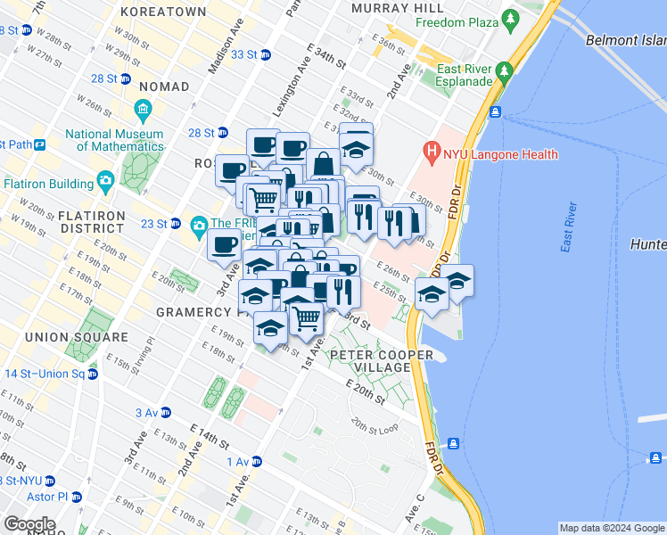 map of restaurants, bars, coffee shops, grocery stores, and more near 330 East 25th Street in New York