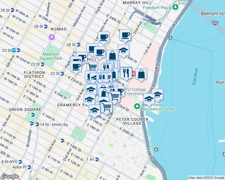 map of restaurants, bars, coffee shops, grocery stores, and more near 330 East 25th Street in New York