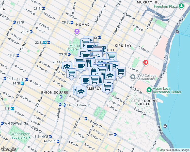 map of restaurants, bars, coffee shops, grocery stores, and more near 17 Lexington Avenue in New York
