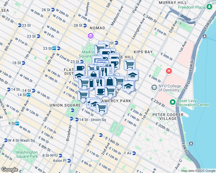 map of restaurants, bars, coffee shops, grocery stores, and more near 2 Lexington Avenue in New York
