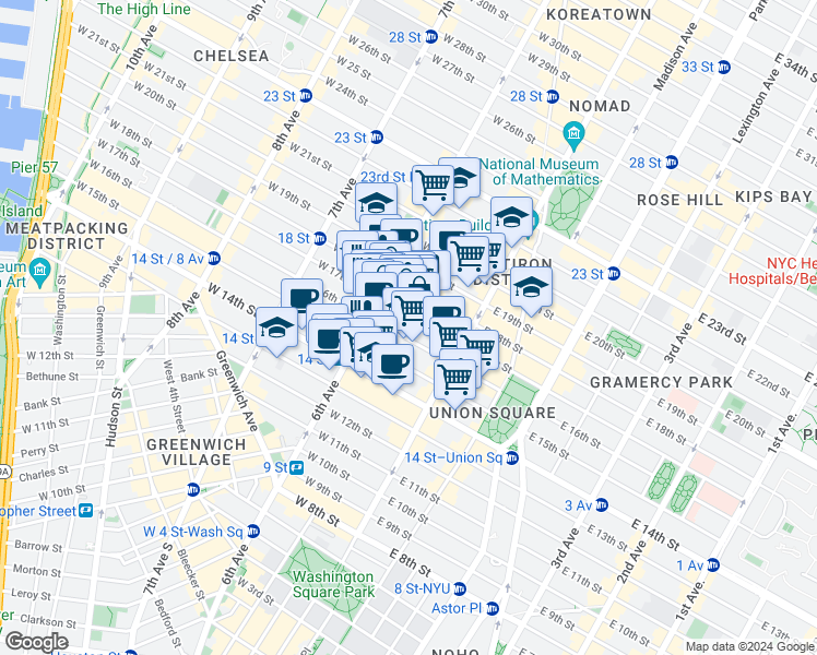 map of restaurants, bars, coffee shops, grocery stores, and more near 43 West 16th Street in New York