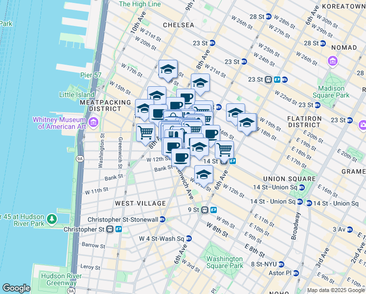map of restaurants, bars, coffee shops, grocery stores, and more near 219 West 13th Street in New York
