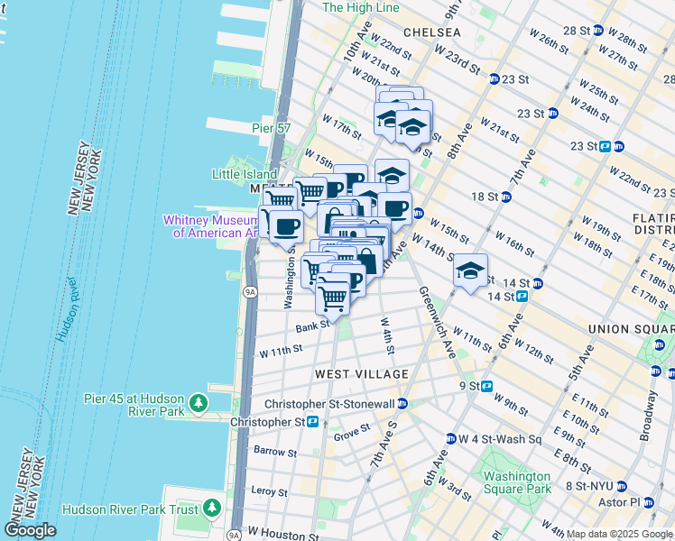 map of restaurants, bars, coffee shops, grocery stores, and more near 616 Hudson Street in New York