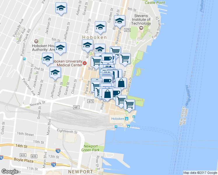 map of restaurants, bars, coffee shops, grocery stores, and more near 205 Hudson Street in Hoboken