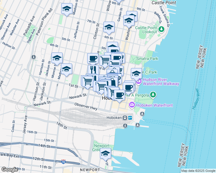 map of restaurants, bars, coffee shops, grocery stores, and more near 122 Bloomfield Street in Hoboken