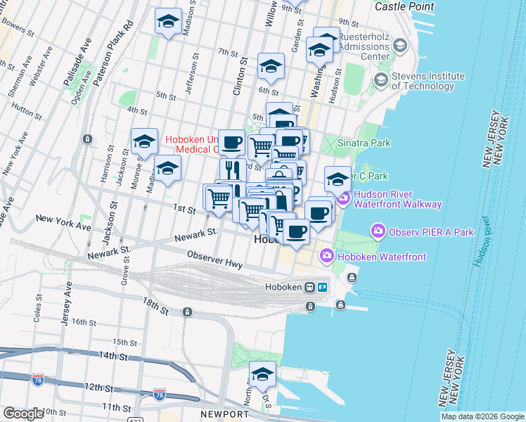 map of restaurants, bars, coffee shops, grocery stores, and more near in Hoboken