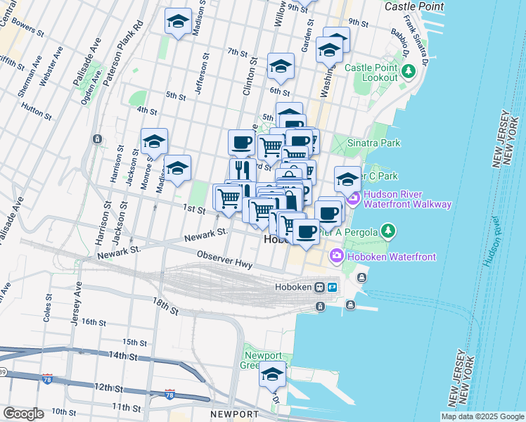 map of restaurants, bars, coffee shops, grocery stores, and more near in Hoboken