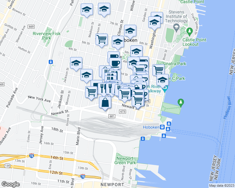 map of restaurants, bars, coffee shops, grocery stores, and more near 109 Willow Avenue in Hoboken