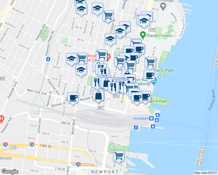 map of restaurants, bars, coffee shops, grocery stores, and more near 109 Willow Avenue in Hoboken