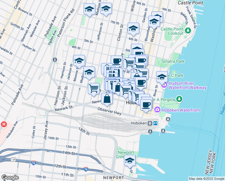 map of restaurants, bars, coffee shops, grocery stores, and more near 109 Willow Avenue in Hoboken