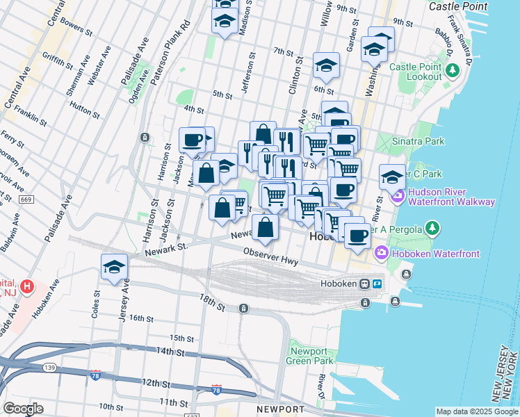 map of restaurants, bars, coffee shops, grocery stores, and more near 354 1st Street in Hoboken