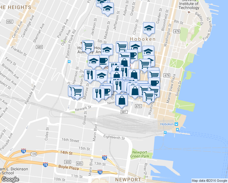 map of restaurants, bars, coffee shops, grocery stores, and more near 413a 1st Street in Hoboken